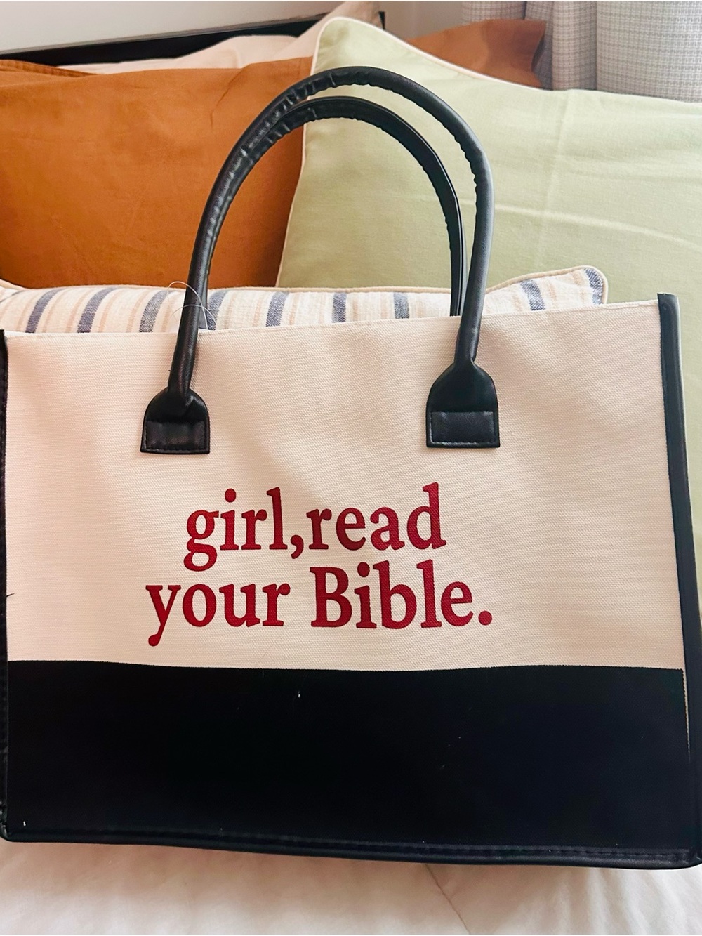Canvas Tote Bag - Cream & Black with Red Script